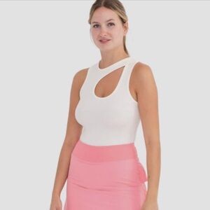 Mono B Cream Sleeveless Ribbed Thong Bodysuit with cutout front design.